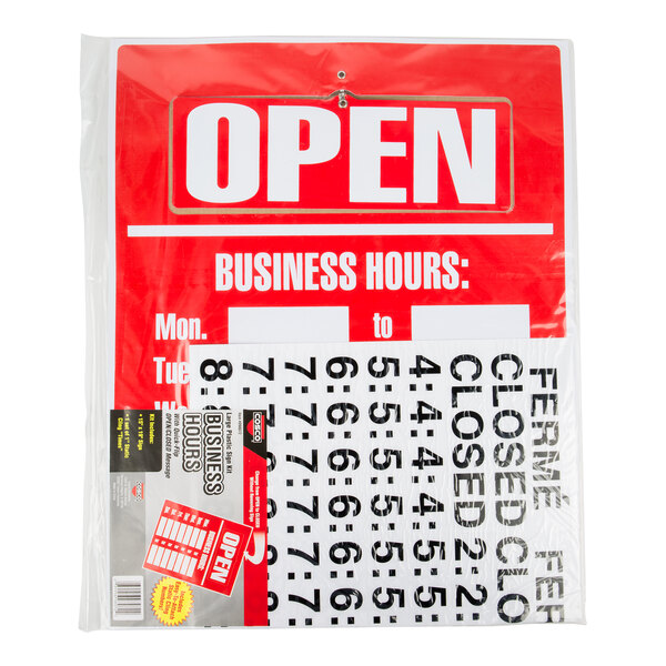 A red and white business hours sign with an 'OPEN' header and customizable hours using included black number stickers.