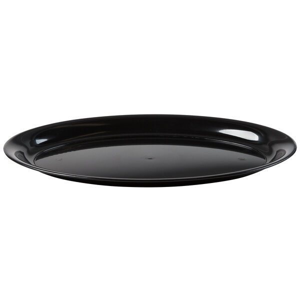 A black plastic oval catering tray with a round surface.