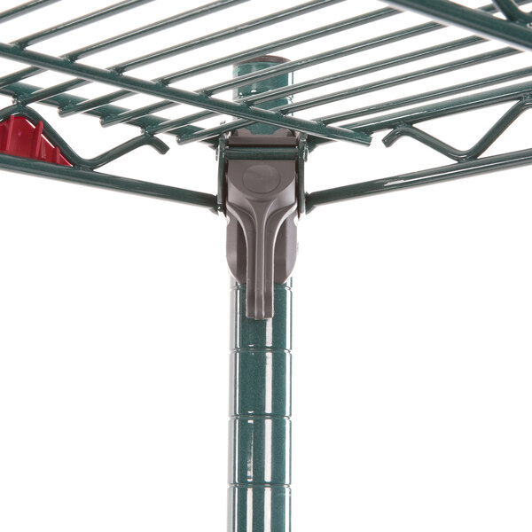 A Metroseal 3 wire stationary shelving unit with metal poles.