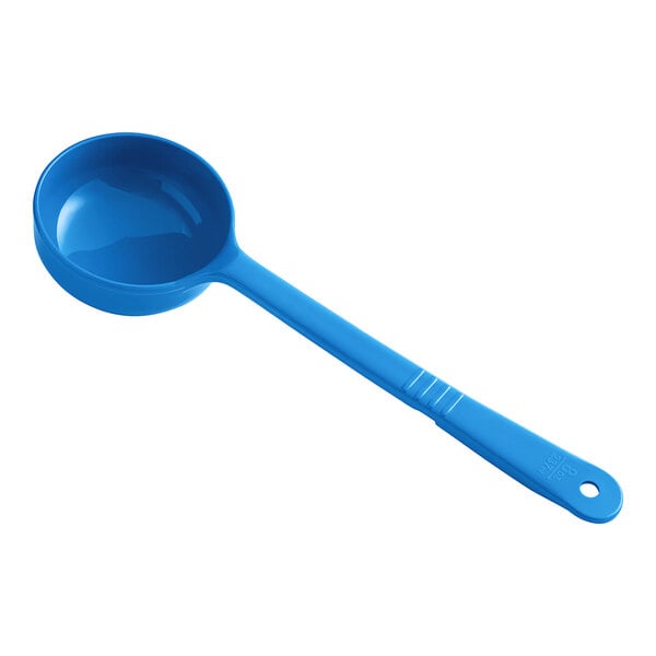 A blue Carlisle long handled portion spoon with a measure spoon end.