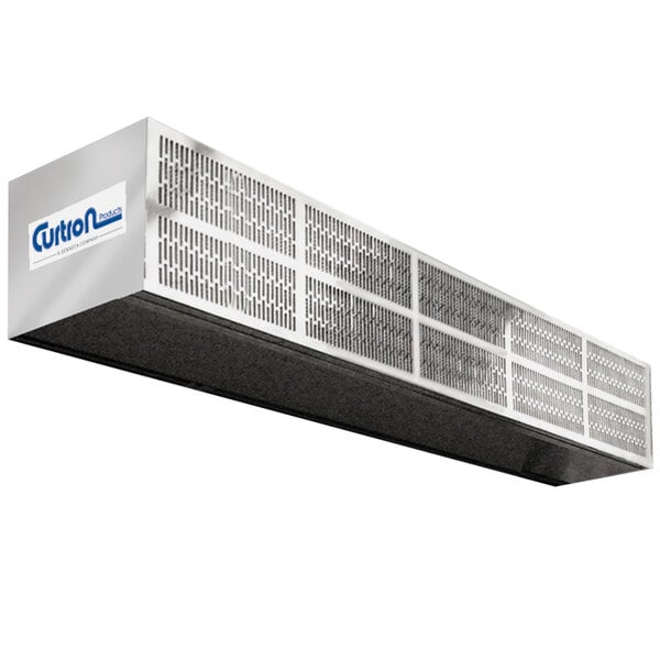 A metal air curtain with a logo on it.