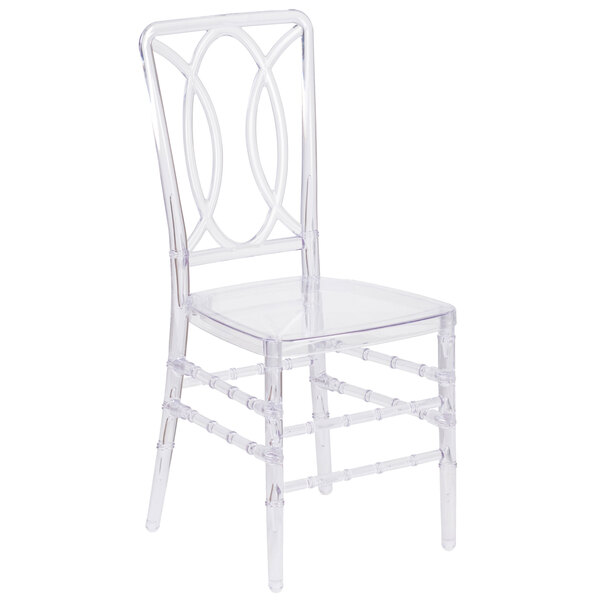 A Flash Furniture clear plastic Chiavari chair.
