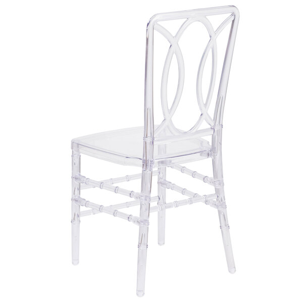 A Flash Furniture clear plastic Chiavari chair with an oval back.