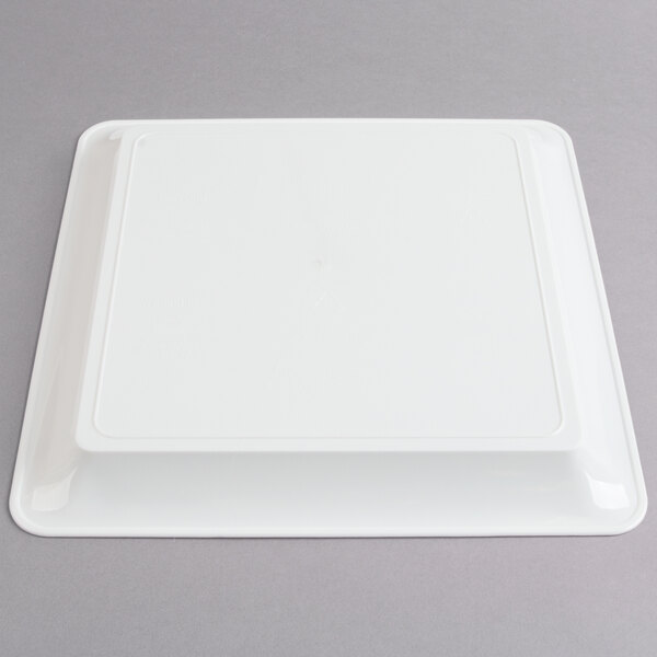 A white Fineline square plastic catering tray with a lid.