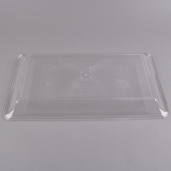 A clear plastic Fineline rectangular catering tray.