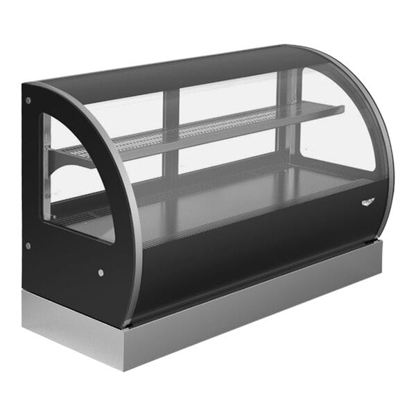 A black and silver Vollrath curved refrigerated countertop display case with shelves.