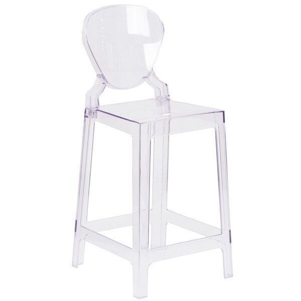 A clear plastic counter height stool with a clear tear back.