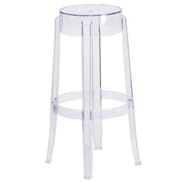 A Flash Furniture clear plastic stool with a round seat.