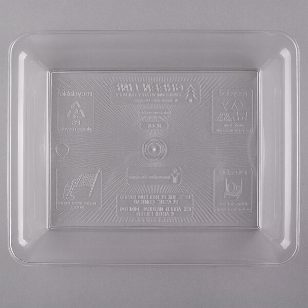 A clear plastic Fineline rectangular cater tray with text on it.