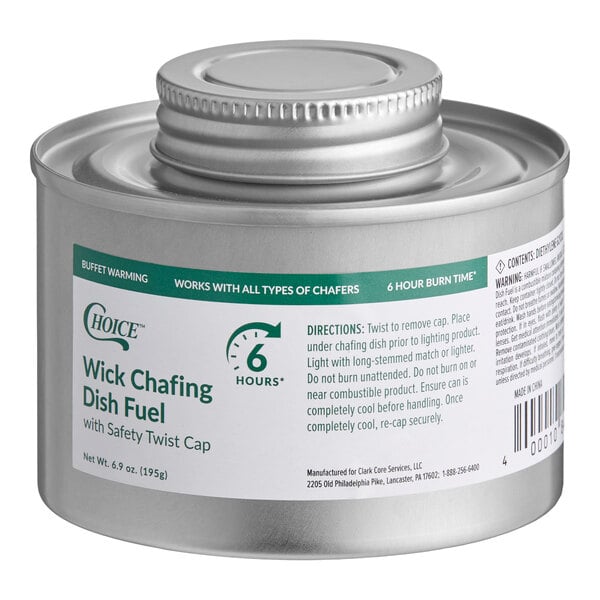A metal canister labeled 'Wick Chafing Dish Fuel' with a safety twist cap and instructions for use printed on the side.