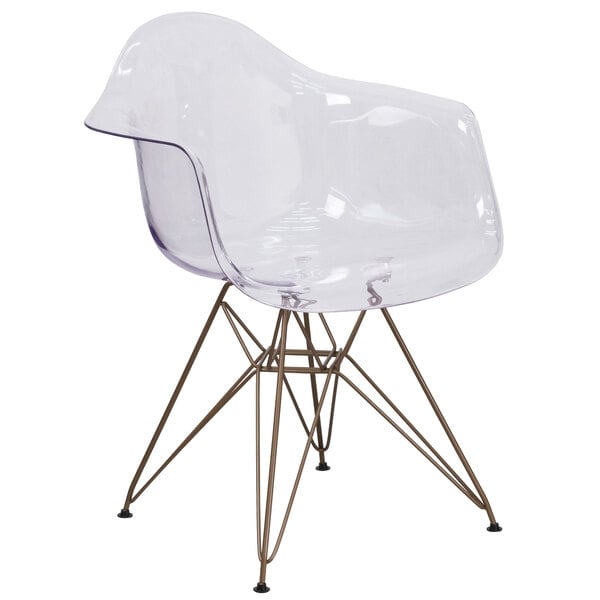 A Flash Furniture Alonza clear polycarbonate side chair with gold legs.