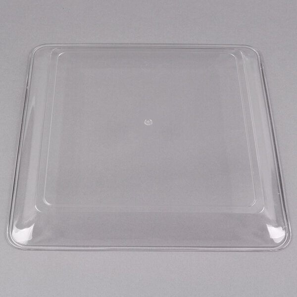 A clear square plastic container with a lid on top.