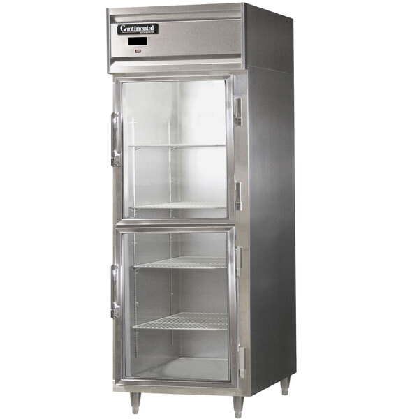 A stainless steel Continental reach-in refrigerator with glass doors and shelves.