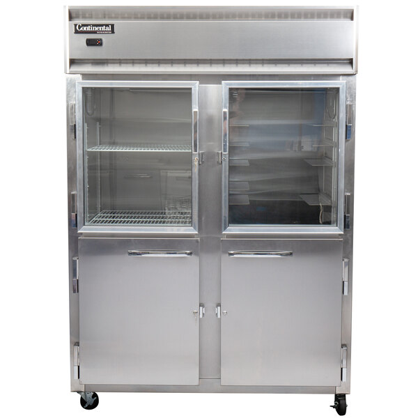 A Continental stainless steel reach-in refrigerator with half glass doors.