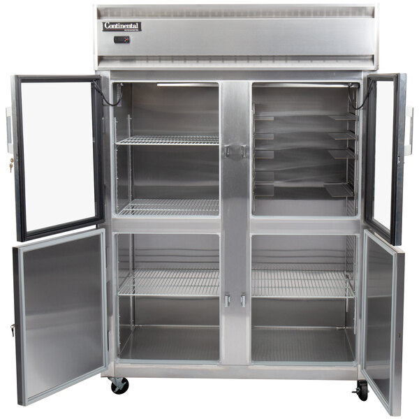 A Continental stainless steel reach-in refrigerator with half glass doors open.