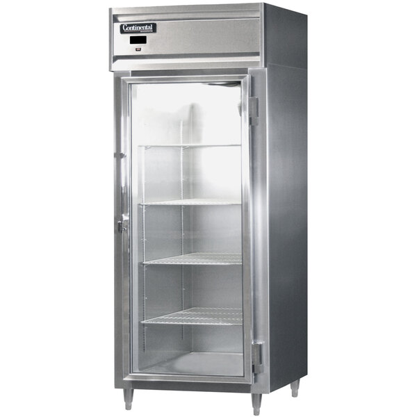 A stainless steel Continental reach-in refrigerator with glass doors.