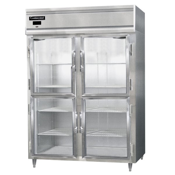 A large stainless steel Continental reach-in refrigerator with glass doors.