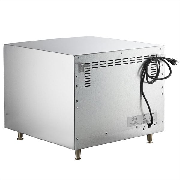 A silver box with black wires.