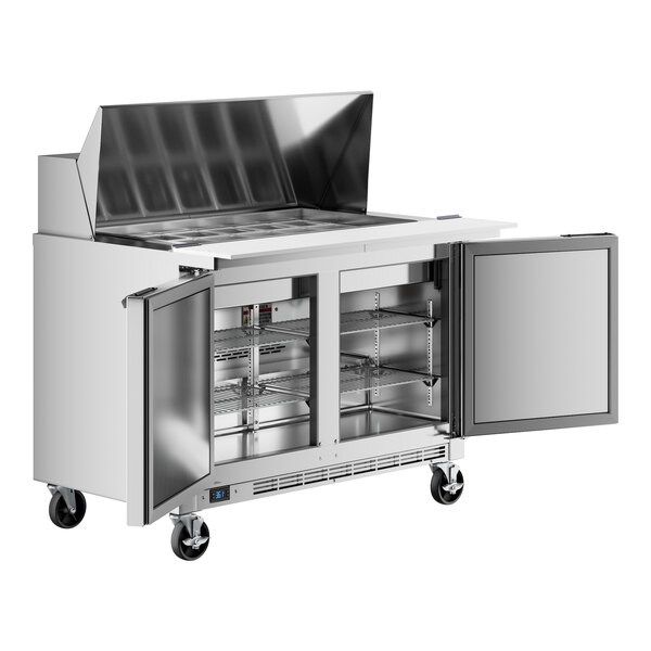 A stainless steel Beverage-Air refrigerator with two doors open.