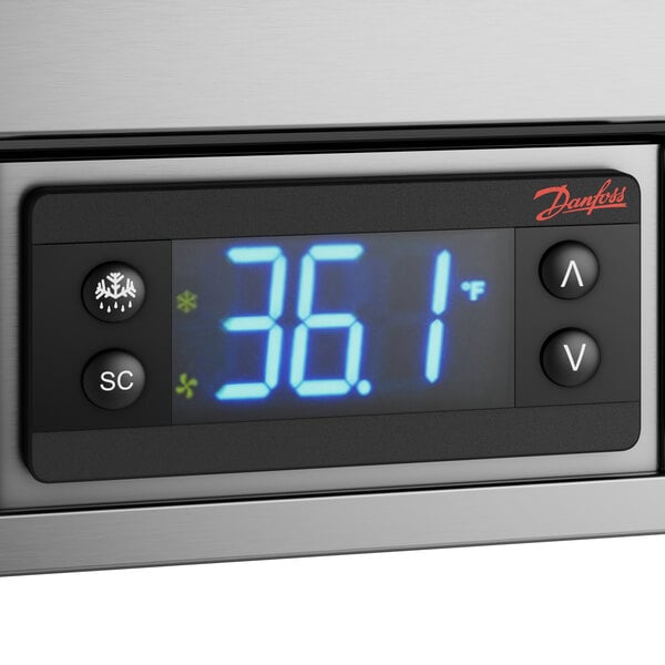 A Beverage-Air Elite Series refrigerated prep table with a digital temperature display.