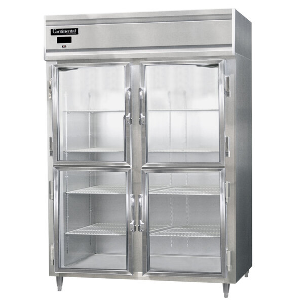 A stainless steel Continental reach-in refrigerator with half glass doors.