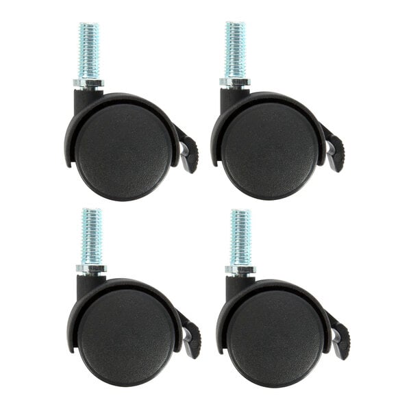 A pack of 4 black plastic casters with nuts and bolts.