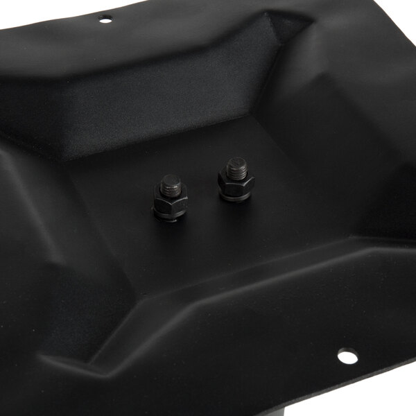 A black metal plate with two bolts on a BFM Seating counter height table.