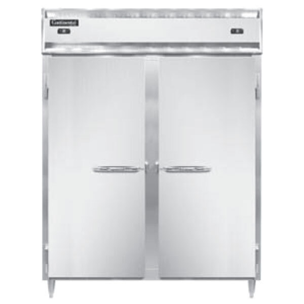 Two stainless steel Continental refrigerators with open doors.