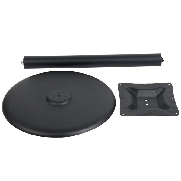 A BFM Seating black stamped steel counter height round table base with a metal rod.