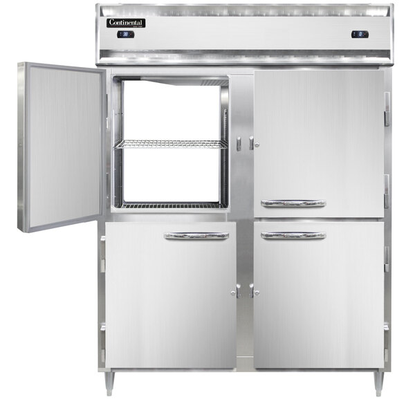 A stainless steel Continental refrigerator/freezer with two open doors.