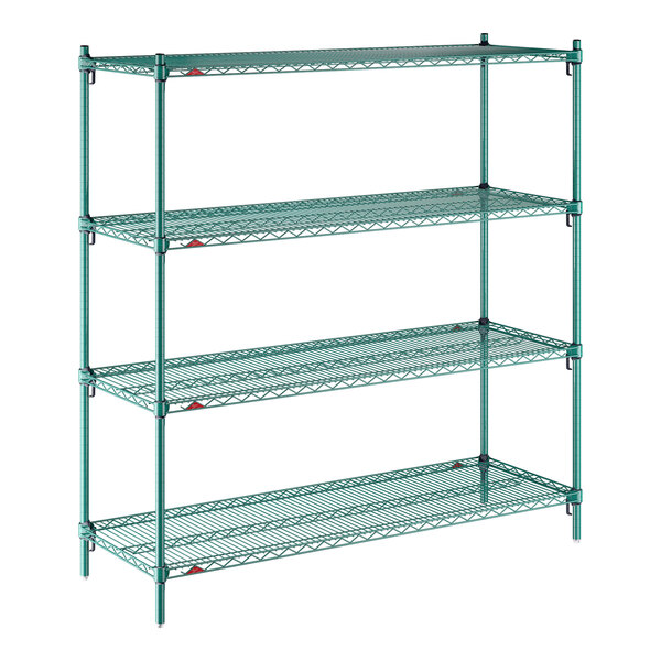 A green four-shelf wire stationary shelving unit.