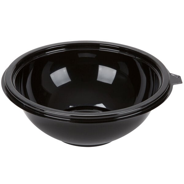 A black Fineline plastic bowl with a plastic lid.