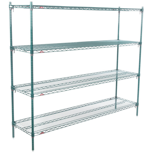 A green Metroseal wire shelving unit with three shelves.