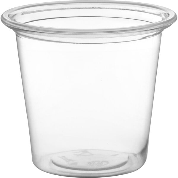 A clear plastic Choice portion cup with a round rim.