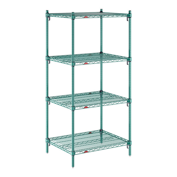 A four-shelf green wire stationary shelving unit with adjustable shelves.