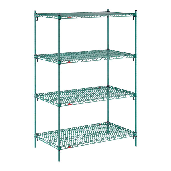 A green four-shelf wire stationary shelving unit.