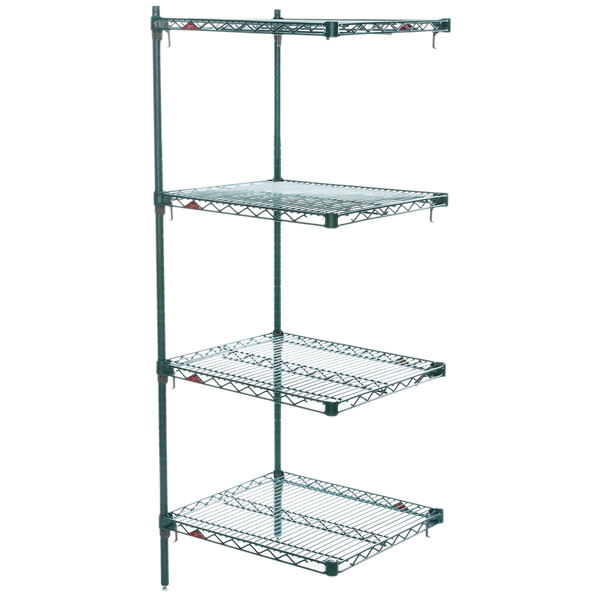 A green Metro Super Erecta wire shelving add on unit with three shelves.