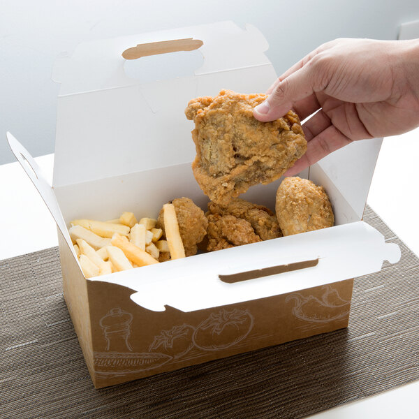 A hand holding a piece of fried chicken in a Barn Take Out Lunch Box with Fresh print.