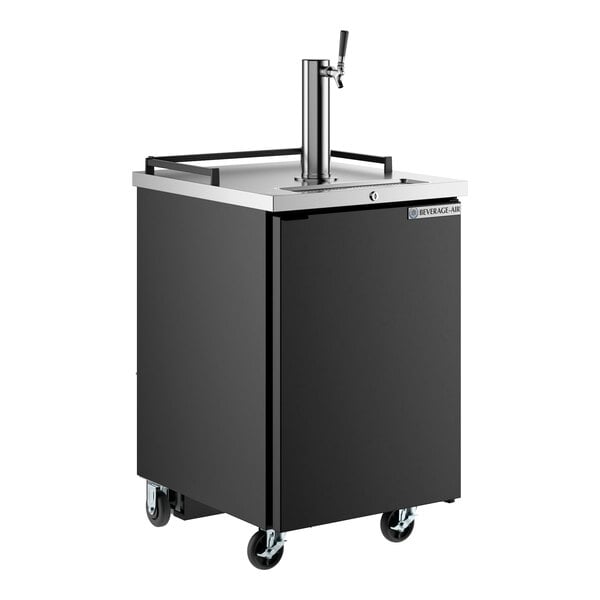 A black single tap kegerator beer dispenser with a stainless steel top and casters for mobility.