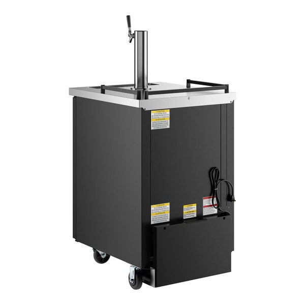 A black single tap kegerator beer dispenser with a stainless steel top and caster wheels.