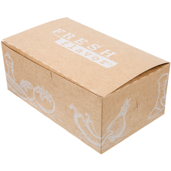 A brown Take Out Lunch box with white text that says fresh.