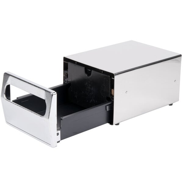 A silver stainless steel Vollrath countertop napkin dispenser with a black drawer.