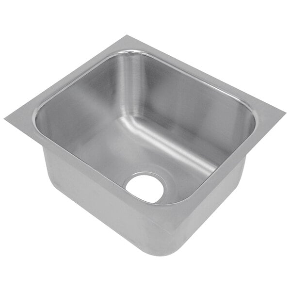 An Advance Tabco stainless steel sink bowl with a hole.