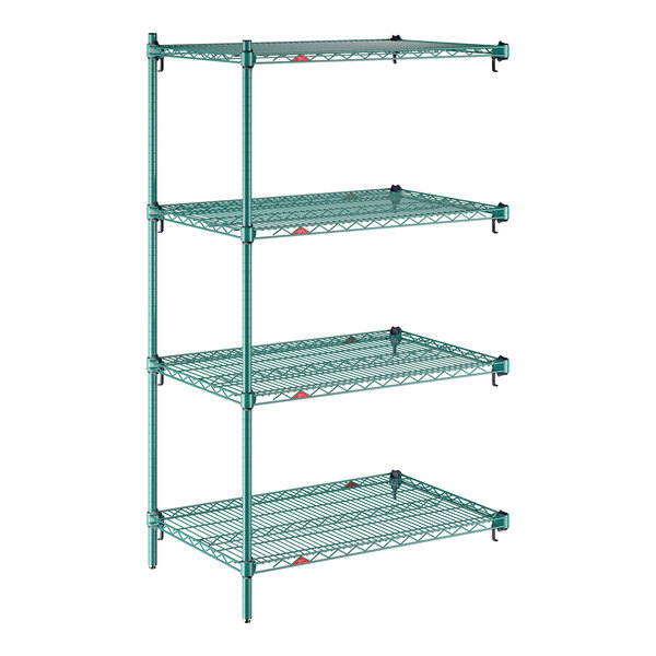 A four-shelf green wire stationary shelving unit with adjustable shelves.