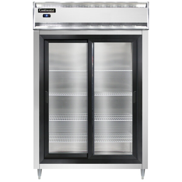 A Continental 52" reach-in refrigerator with sliding glass doors.