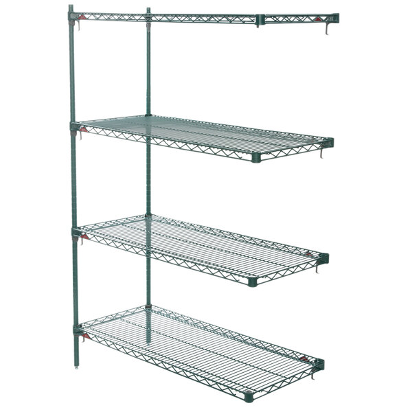 A Metro green wire shelving add on unit with three shelves.