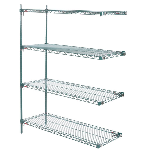 A three tiered metal shelving unit with three shelves.