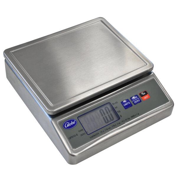 A Globe GPS10-S stainless steel digital portion scale on a counter.