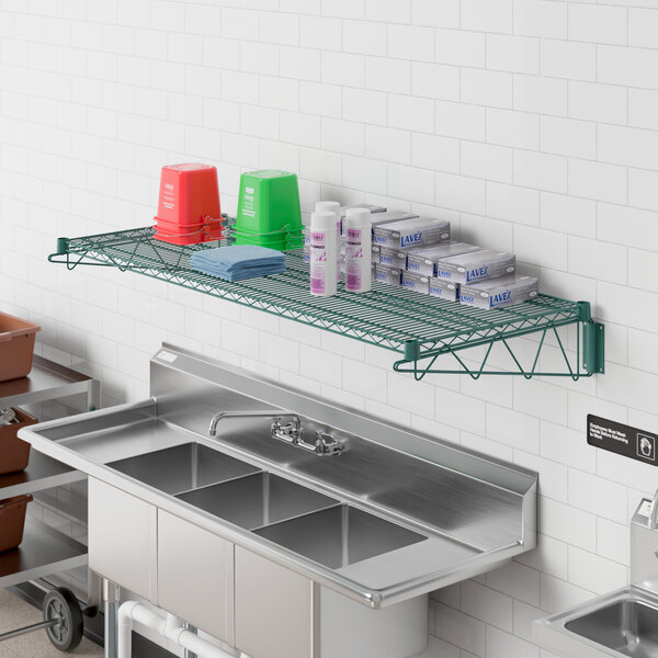 A stainless steel sink with a Regency green epoxy wire wall mount shelf above it.