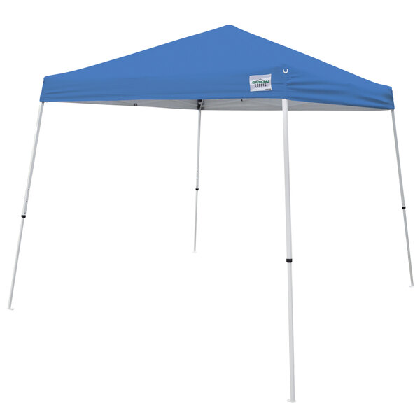 A blue Caravan Canopy tent with white slant legs.